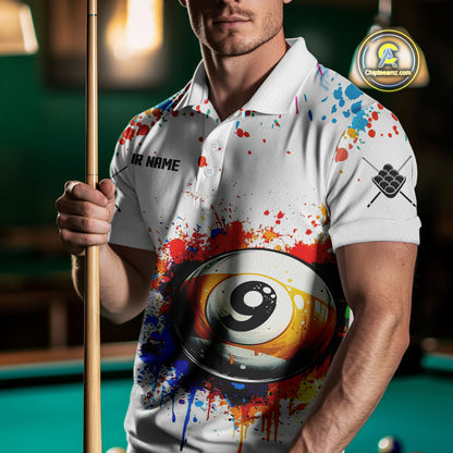 Funny 9 Ball Pool Colorful Paint Splash Custom Billiard Shirt For Men, Billiard Team Jersey|White TDM3977