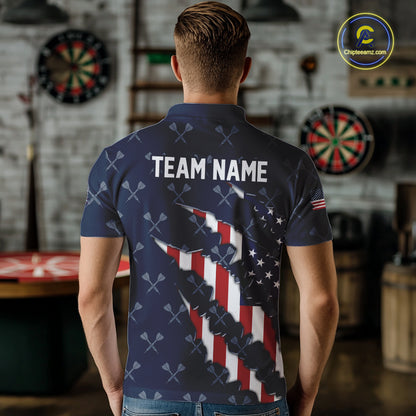 Personalized American Flag Navy Dart Pattern Polo & Quarter Zip For Men, Patriotic Darts Jersey TDM4996