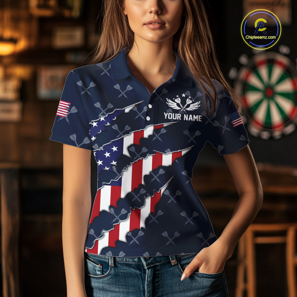 Personalized American Flag Navy Dart Pattern Polo & Quarter Zip For Women, Patriotic Darts Jersey TDM4996