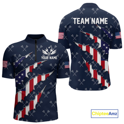 Personalized American Flag Navy Dart Pattern Polo & Quarter Zip For Men, Patriotic Darts Jersey TDM4996