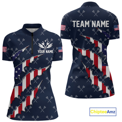 Personalized American Flag Navy Dart Pattern Polo & Quarter Zip For Women, Patriotic Darts Jersey TDM4996