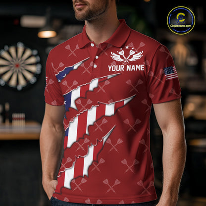 Personalized American Flag Red Dart Pattern Polo & Quarter Zip For Men, Patriotic Darts Jersey TDM4997