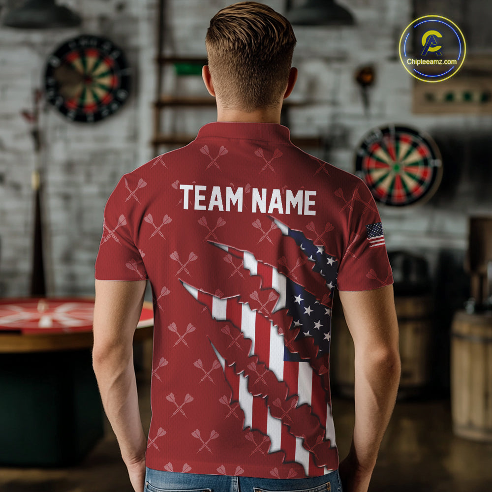 Personalized American Flag Red Dart Pattern Polo & Quarter Zip For Men, Patriotic Darts Jersey TDM4997