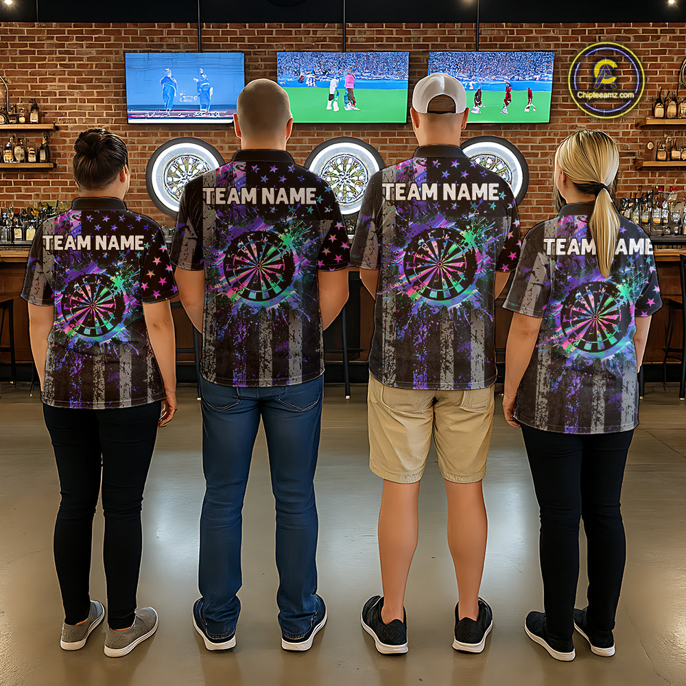 Custom Holographic Grunge US Flag Darts Shirt For Women, Patriotic Darts Team Jerseys Polo & 1/4 Zip TDM5455