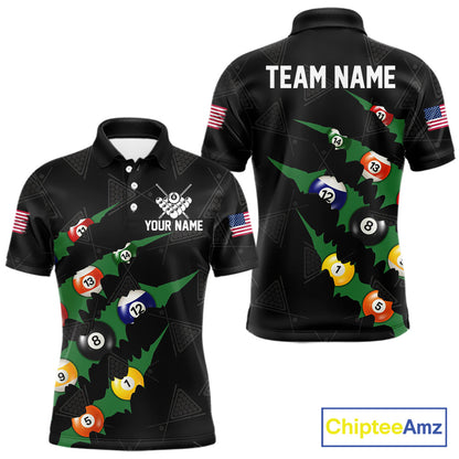 Personalized Scratch Black 8 Ball Billiard Shirt For Men, Pool Team Jersey Polo 1/4 Zip |Green TDM6070