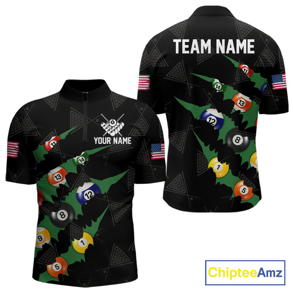 Personalized Scratch Black 8 Ball Billiard Shirt For Men, Pool Team Jersey Polo 1/4 Zip |Green TDM6070