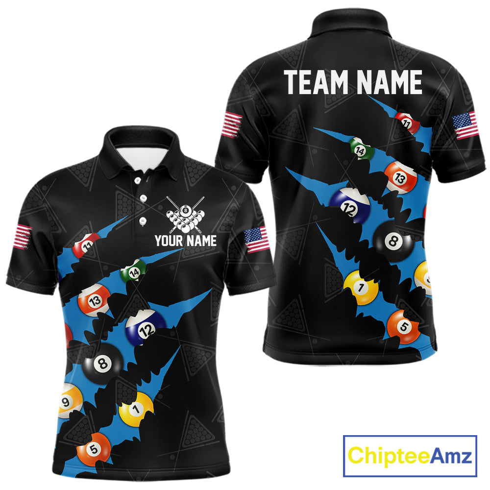 Personalized Scratch Black 8 Ball Billiard Shirt For Men, Pool Team Jersey Polo 1/4 Zip |Blue TDM6071