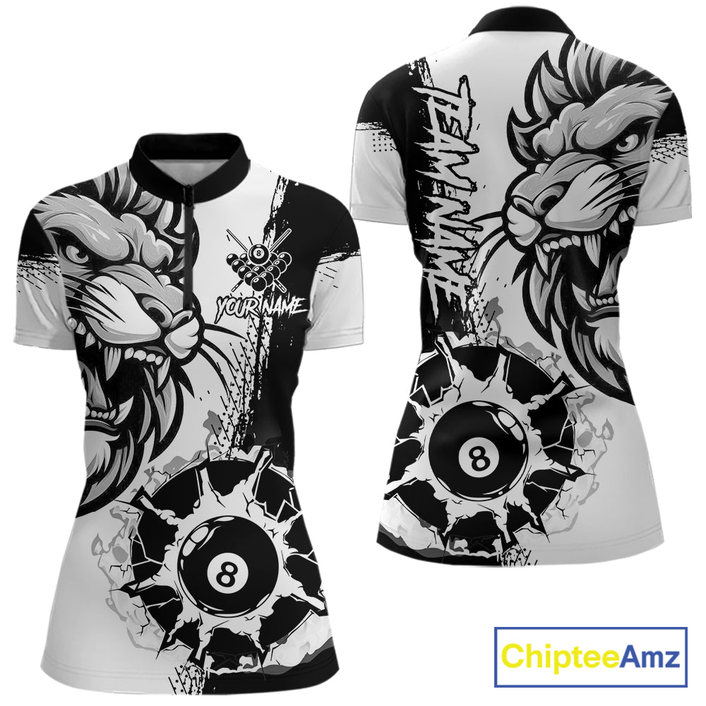 Black And White Funny Lion Billiard Shirt For Women Custom 8 Ball Pool Team Jersey Polo & 1/4 Zip TDM6321