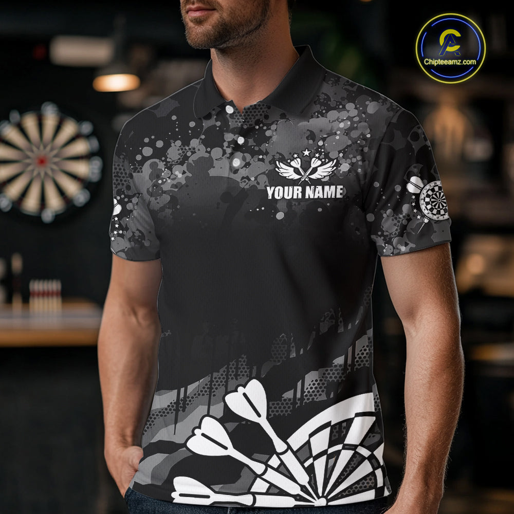 Black Grey Grunge Camo Darts Shirt For Men Custom Darts Jersey Team Polo & 1/4 Zip, Darts Uniform TDM6322