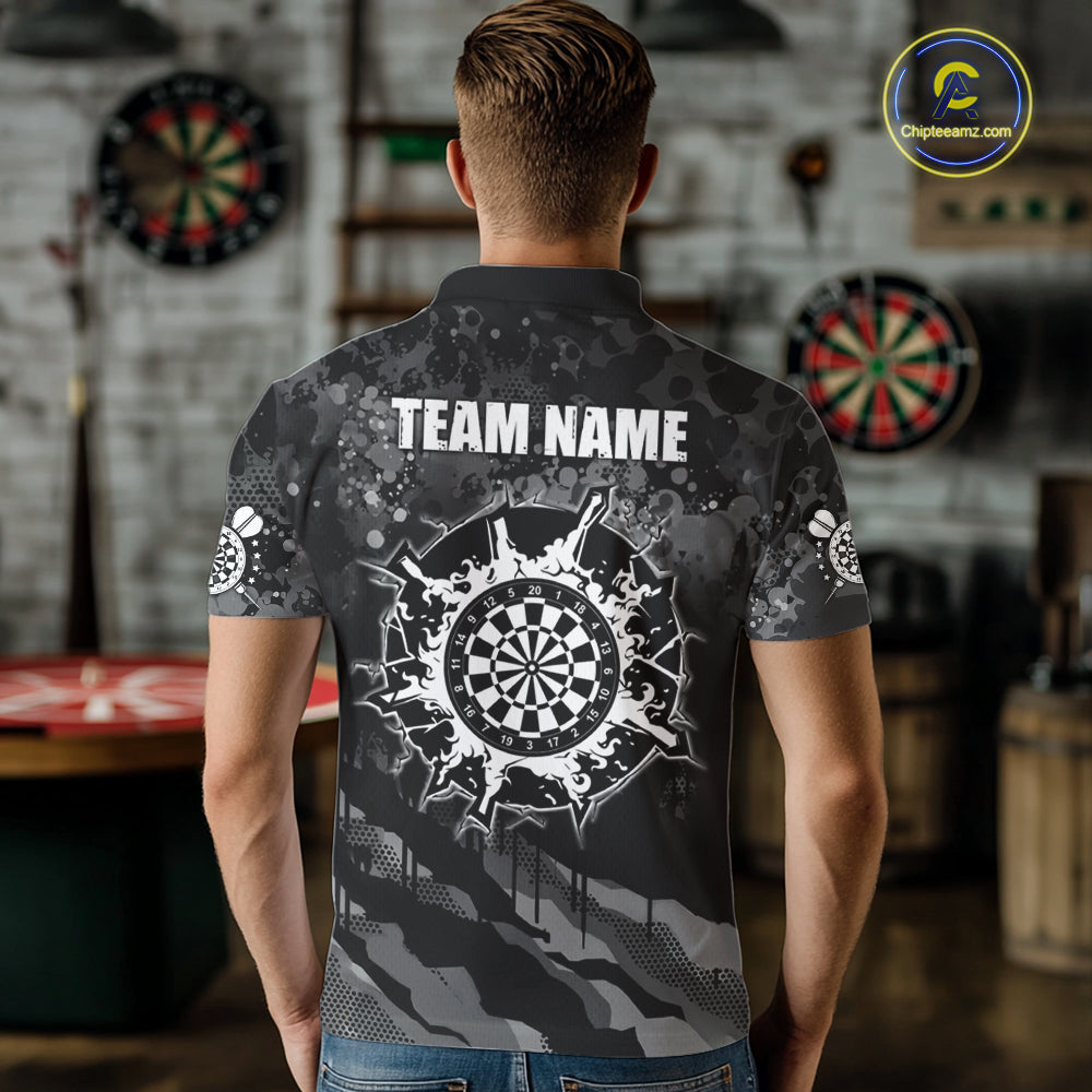 Black Grey Grunge Camo Darts Shirt For Men Custom Darts Jersey Team Polo & 1/4 Zip, Darts Uniform TDM6322