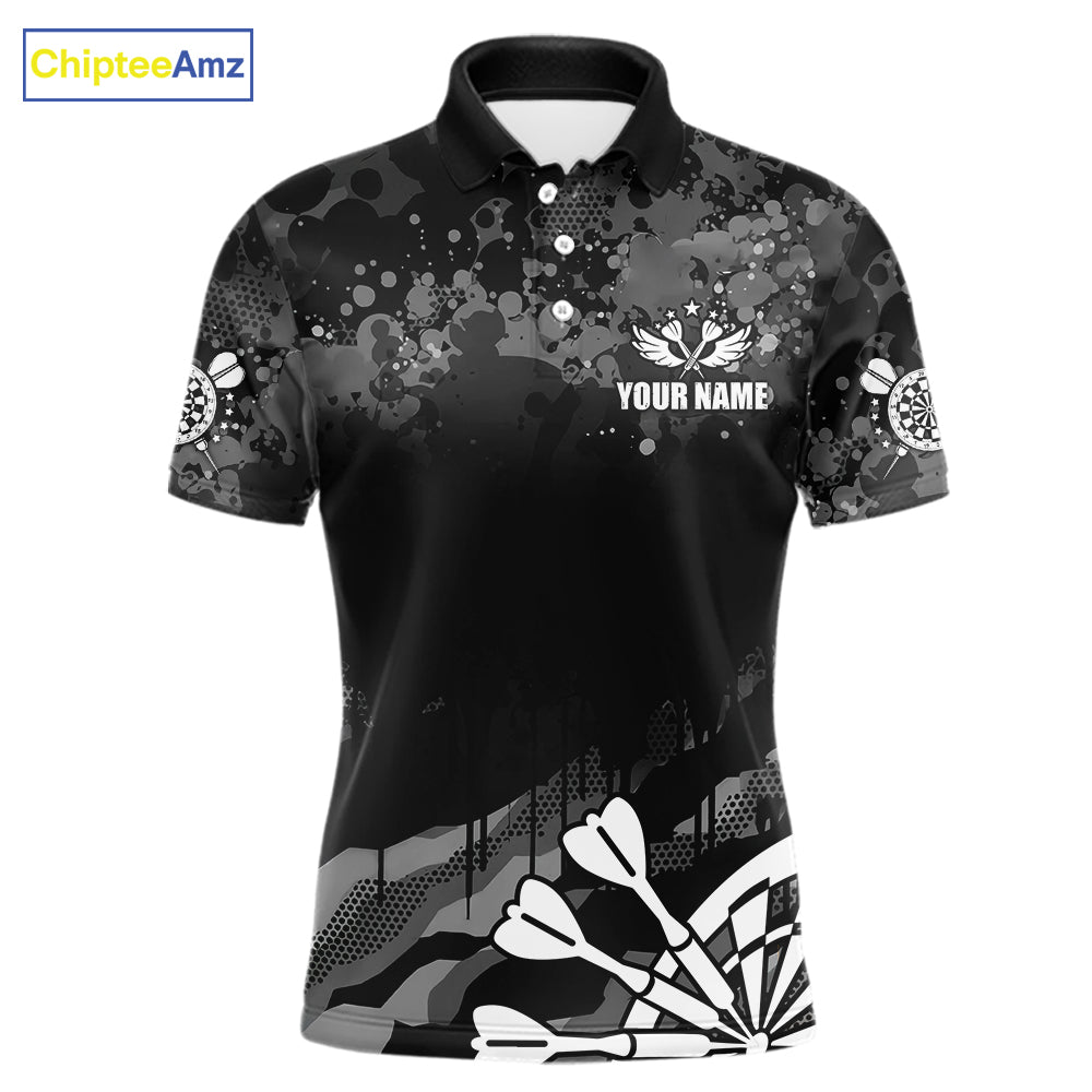 Black Grey Grunge Camo Darts Shirt For Men Custom Darts Jersey Team Polo & 1/4 Zip, Darts Uniform TDM6322