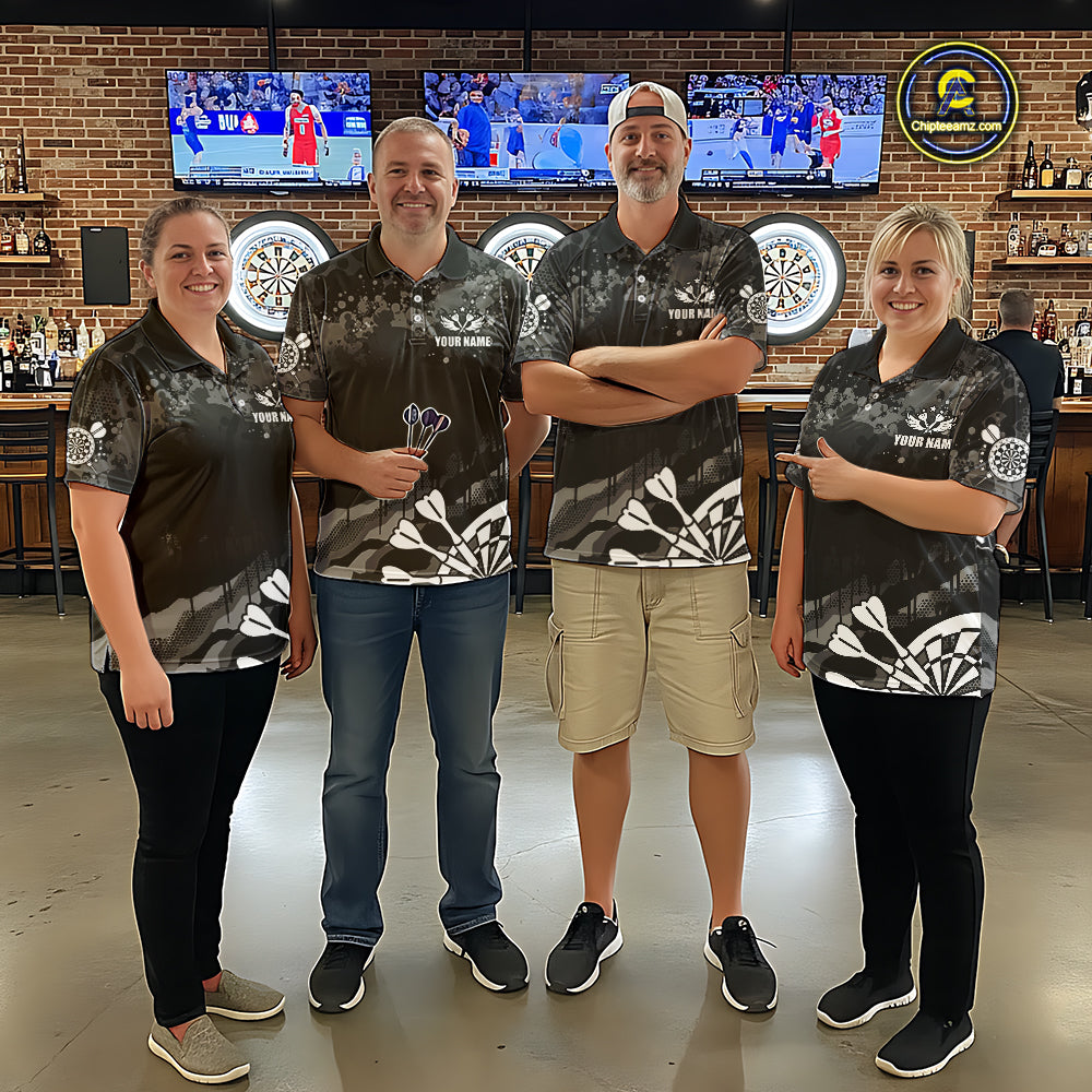 Black Grey Grunge Camo Darts Shirt For Men Custom Darts Jersey Team Polo & 1/4 Zip, Darts Uniform TDM6322