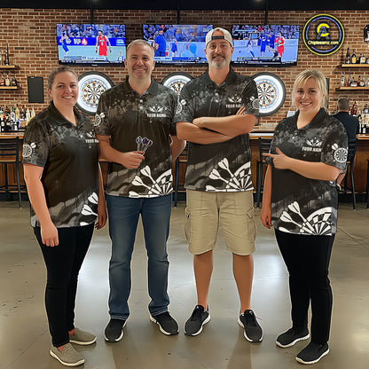 Black Grey Grunge Camo Darts Shirt For Men Custom Darts Jersey Team Polo & 1/4 Zip, Darts Uniform TDM6322