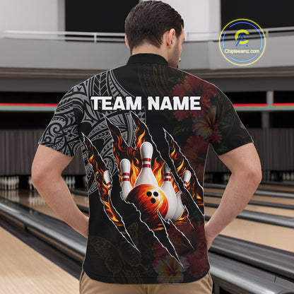 Personalized Hibiscus Flower Flame Bowling Shirt For Men, Tribal Bowling Team Jersey Polo, 1/4 Zip TDM6501
