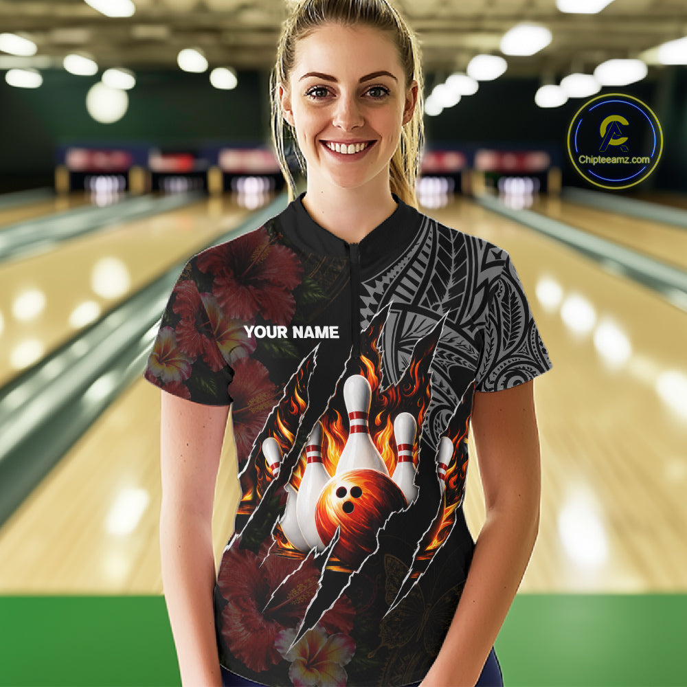 Personalized Hibiscus Flower Flame Bowling Shirt For Women, Tribal Bowling Team Jersey Polo, 1/4 Zip TDM6501