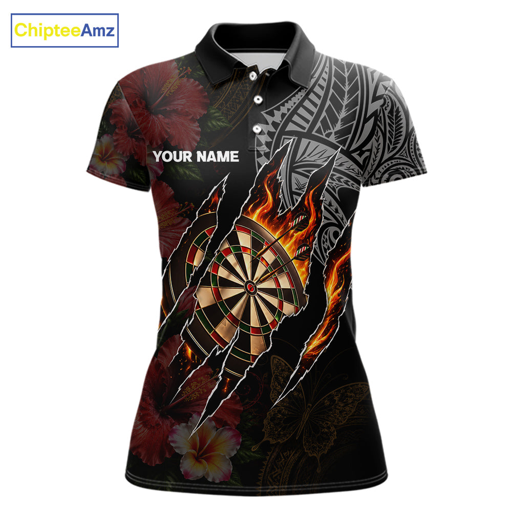 Personalized Hibiscus Flower Flame Darts Shirt For Women, Tribal Darts Team Jersey Polo & 1/4 Zip TDM6502