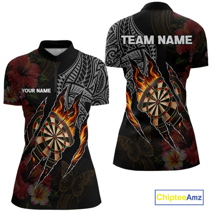 Personalized Hibiscus Flower Flame Darts Shirt For Women, Tribal Darts Team Jersey Polo & 1/4 Zip TDM6502
