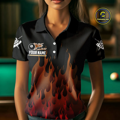 Red And Orange Flaming 8 Ball Pool Women Billiard Polo & 1/4 Zip Custom Pool Team Player Jersey TDM4185