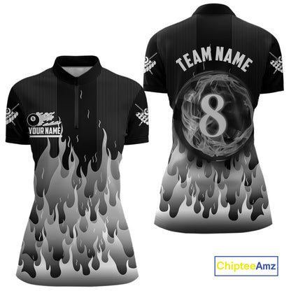 Black And Grey Flaming 8 Ball Pool Women Billiard Polo & 1/4 Zip Custom Pool Team Player Jersey TDM4186