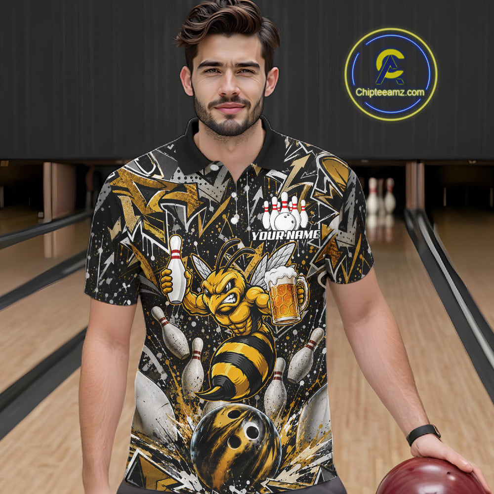 Man wearing yellow funny bee graffiti bowling team jersey quarter zip shirt featuring colorful graffiti bee artwork, front view.