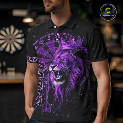 Black And Purple Funny Lion Crown Darts Shirt For Men Custom Darts League Jersey Polo & 1/4 Zip TDM5002