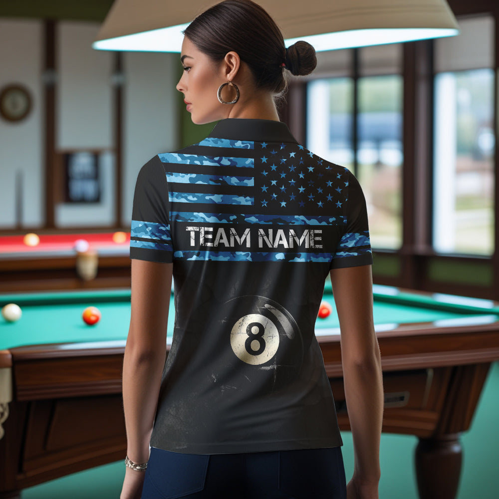 Customized Retro 8 Ball Pool Blue Camo US Flag Billiard Shirts For Women, Patriotic Billiard Jersey TDM3567
