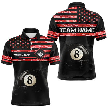 Customized Retro 8 Ball Pool Red Camo US Flag Billiard Shirts For Men, Patriotic Billiard Jerseys TDM3568