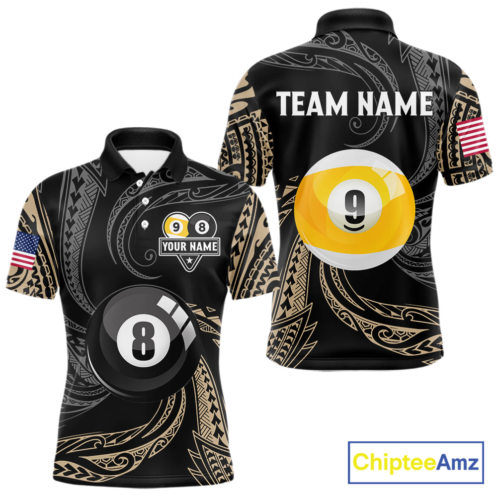 Personalized 8 Ball 9 Ball Tribal Billiard Shirt For Men Custom Pool Team Jersey Polo & 1/4 Zip TDM6335