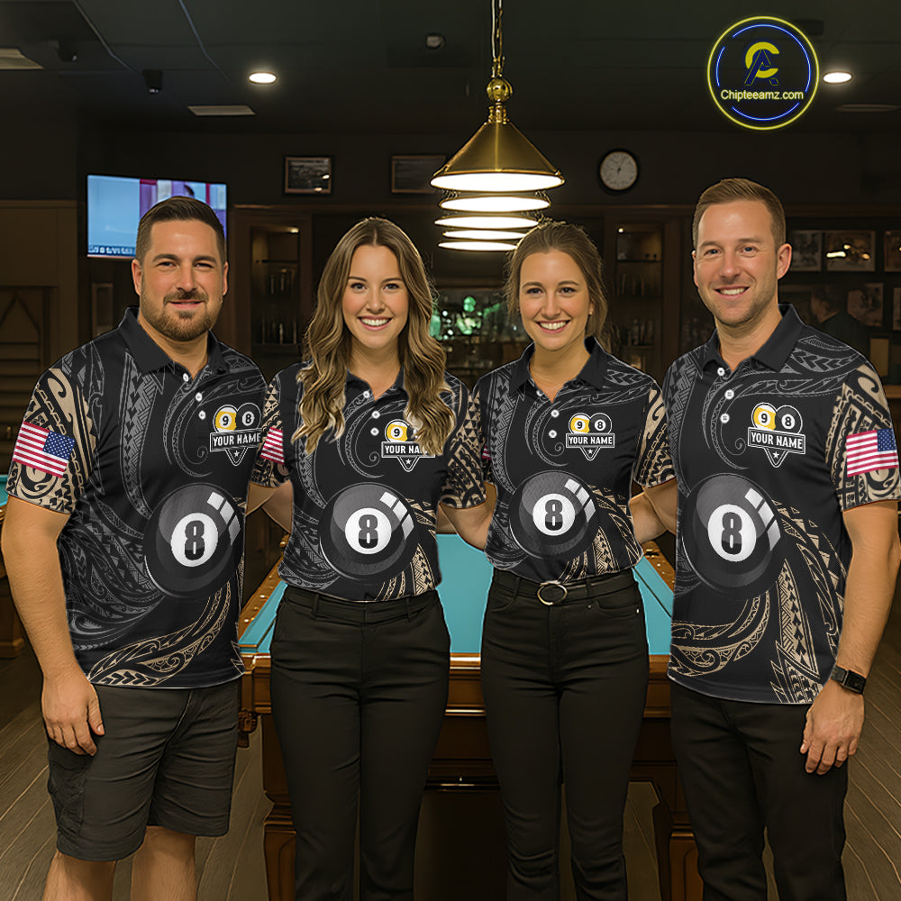 Personalized 8 Ball 9 Ball Tribal Billiard Shirt For Men Custom Pool Team Jersey Polo & 1/4 Zip TDM6335