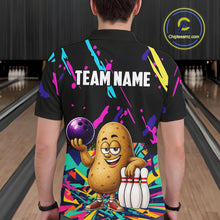 Load image into Gallery viewer, Back view of man wearing a colorful potato bowling polo shirt inside a bowling alley.