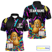 Load image into Gallery viewer, Colorful potato bowling polo shirt for men with funny custom bowling team graphics.