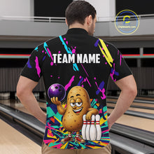Load image into Gallery viewer, Back view of man wearing a colorful potato bowling quarter zip shirt in a bowling alley.