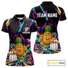 Load image into Gallery viewer, Colorful pineapple bowling polo shirt for women with tropical custom bowling team graphics.
