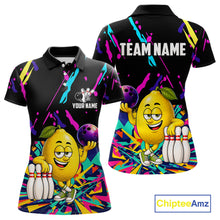 Load image into Gallery viewer, Colorful lemon bowling polo shirt for women with vibrant custom bowling team graphics.