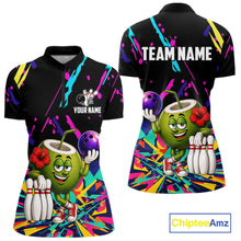 Load image into Gallery viewer, Colorful coconut bowling quarter zip shirt for women designed for league tournaments and team events.
