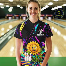Load image into Gallery viewer, Woman wearing a colorful sunflower bowling quarter zip jersey during league competition front view.