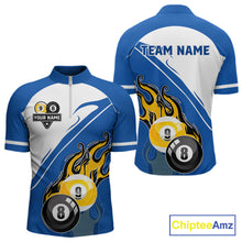 Load image into Gallery viewer, White And Blue 8 Ball &amp; 9 Ball Flame Billiard Shirt For Men Custom Pool Team Jersey Polo &amp; 1/4 Zip TDM6345