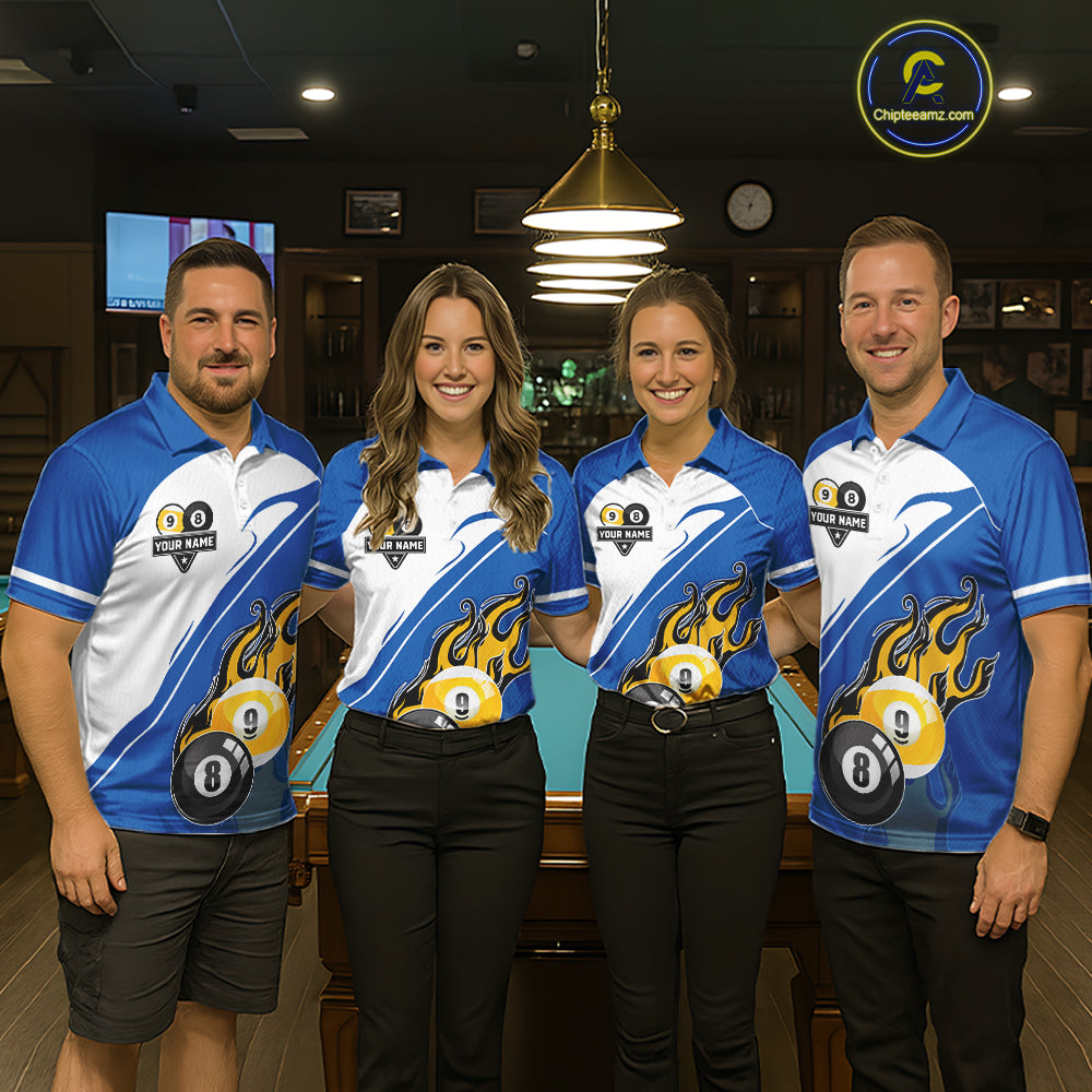 White And Blue 8 Ball & 9 Ball Flame Billiard Shirt For Women Custom Pool Team Jersey Polo & 1/4 Zip TDM6345