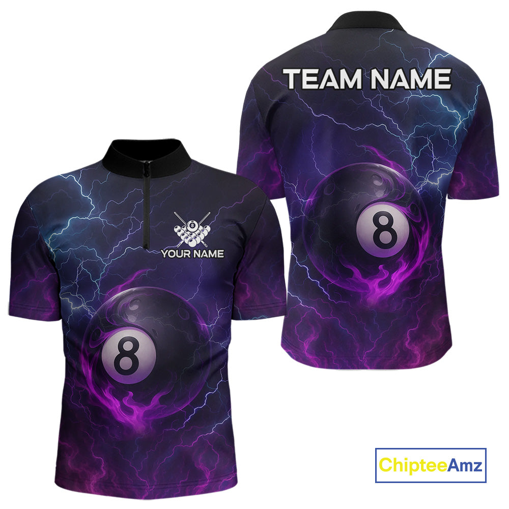 Personalized 3D Purple Billiard Jerseys For Men, Lightning 8 Ball Pool Billiard Team Shirts TDM4010