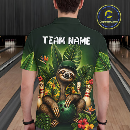 Custom Green Funny Sloth Tropical Bowling Shirts For Men, Bowling Team Jersey Polo & 1/4 Zip TDM6529