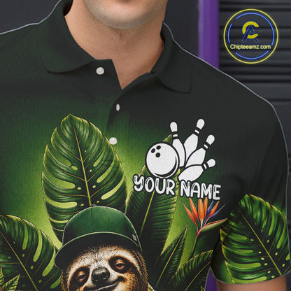 Custom Green Funny Sloth Tropical Bowling Shirts For Men, Bowling Team Jersey Polo & 1/4 Zip TDM6529