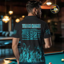 Load image into Gallery viewer, Turquoise Flaming American Flag Men's Billiard Shirt Custom Patriotic Pool Player Billiard Jersey TDM4194