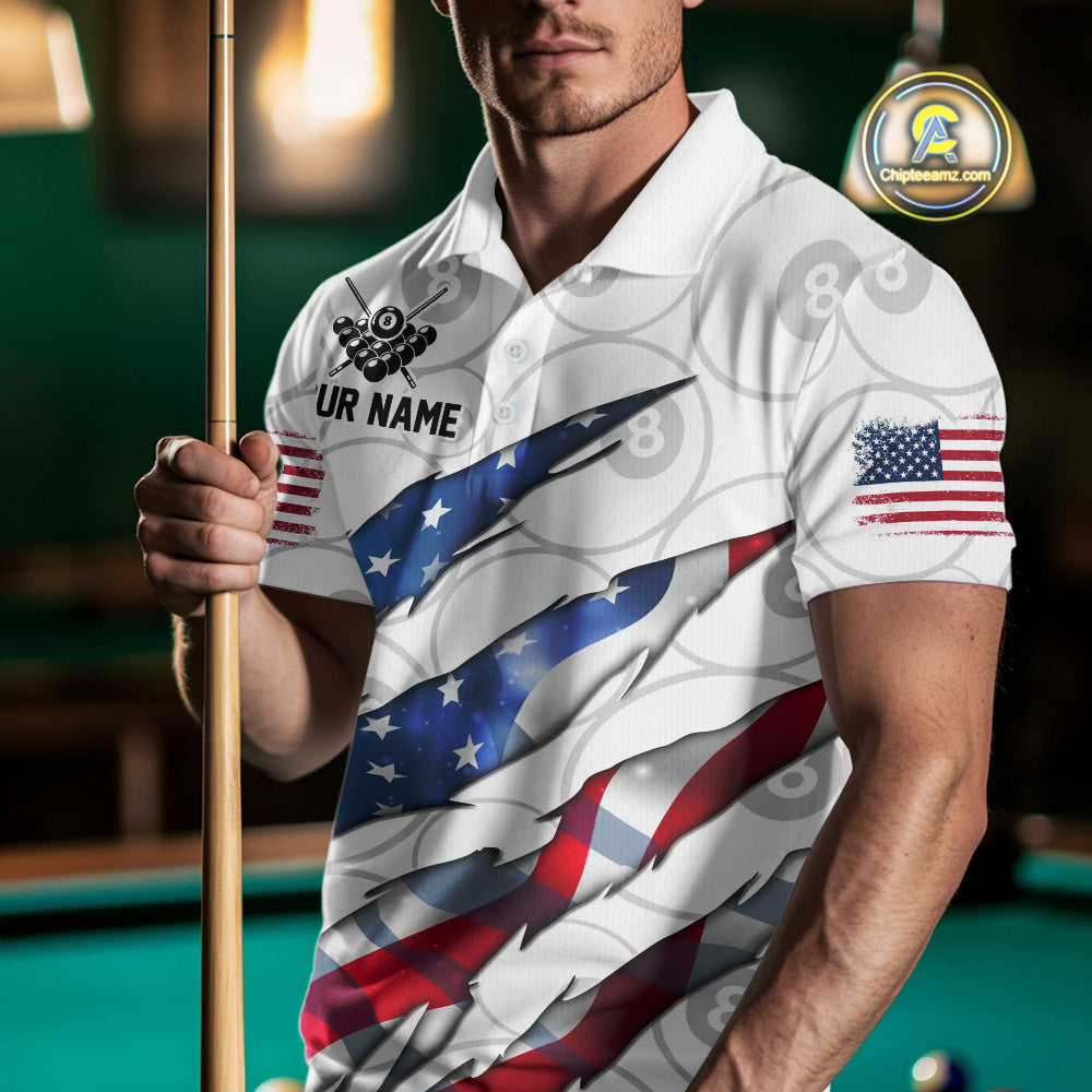 Custom Glowing American Flag 8 Ball Billiard Shirt For Men, Patriotic Billiard Team Jerseys |White TDM4596