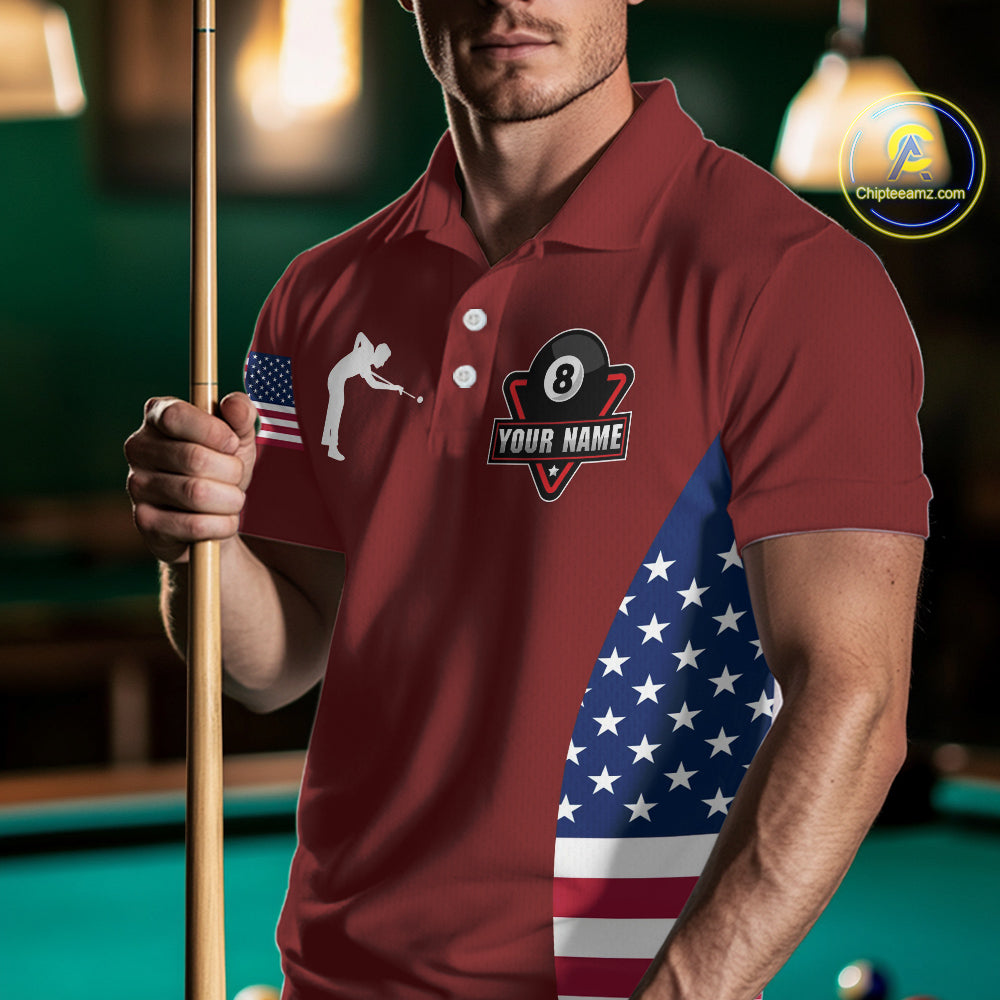 Personalized US Flag 8 Ball Pool Billiard Shirt For Men, Billiard Team Jersey Polo & 1/4 Zip |Red TDM5477