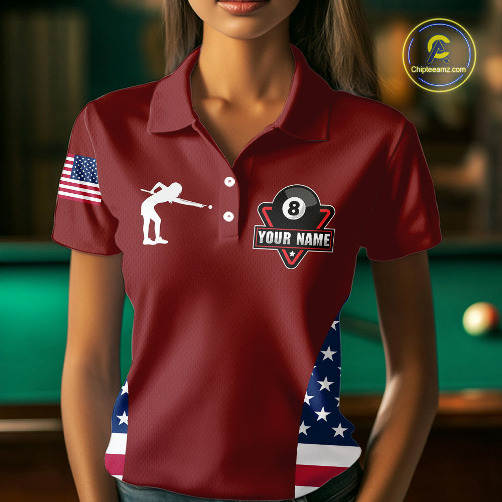 Personalized US Flag 8 Ball Pool Billiard Shirt For Women, Billiard Team Jersey Polo & 1/4 Zip |Red TDM5477