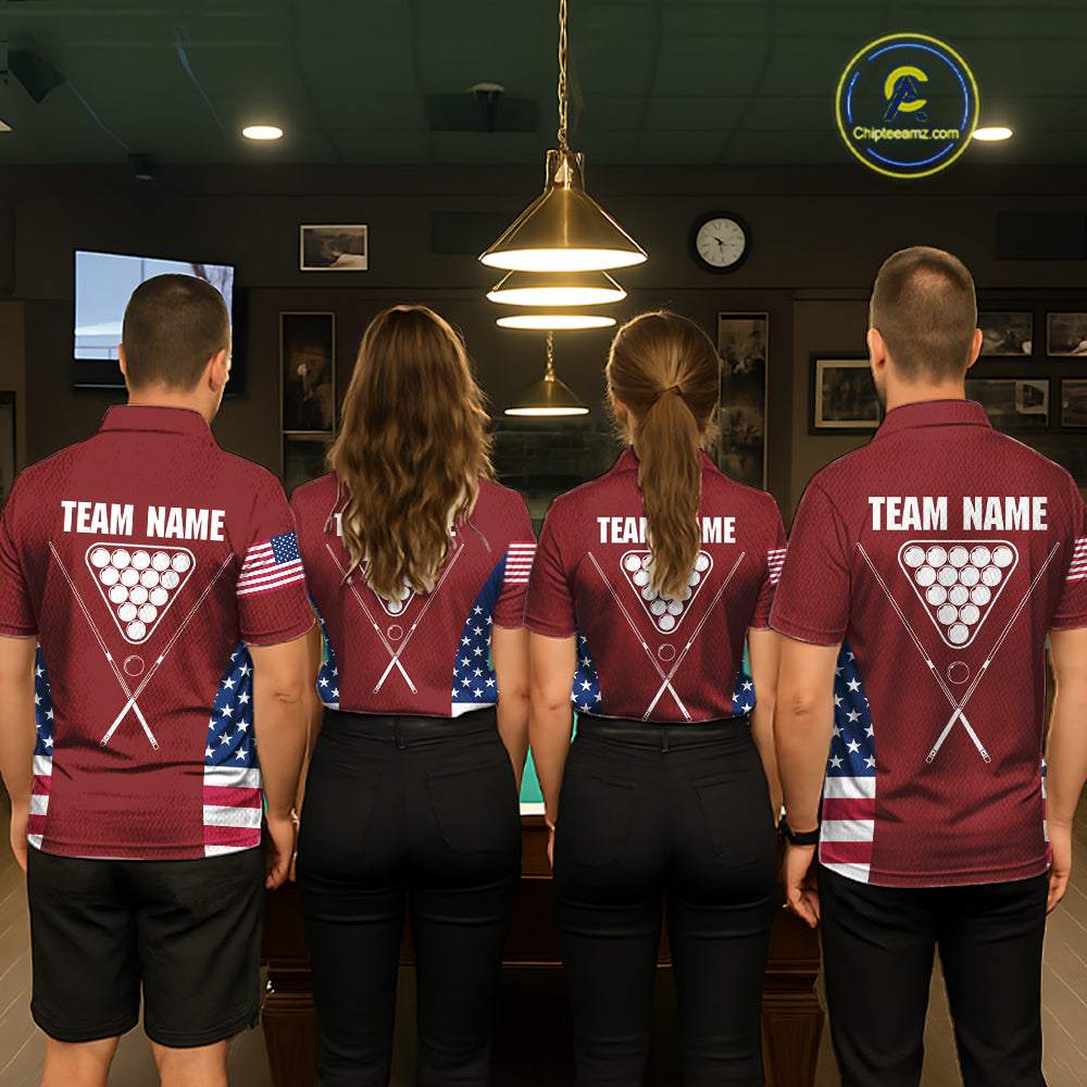 Personalized US Flag 8 Ball Pool Billiard Shirt For Women, Billiard Team Jersey Polo & 1/4 Zip |Red TDM5477