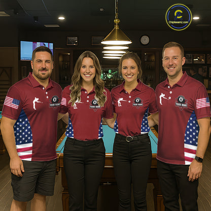 Personalized US Flag 8 Ball Pool Billiard Shirt For Women, Billiard Team Jersey Polo & 1/4 Zip |Red TDM5477