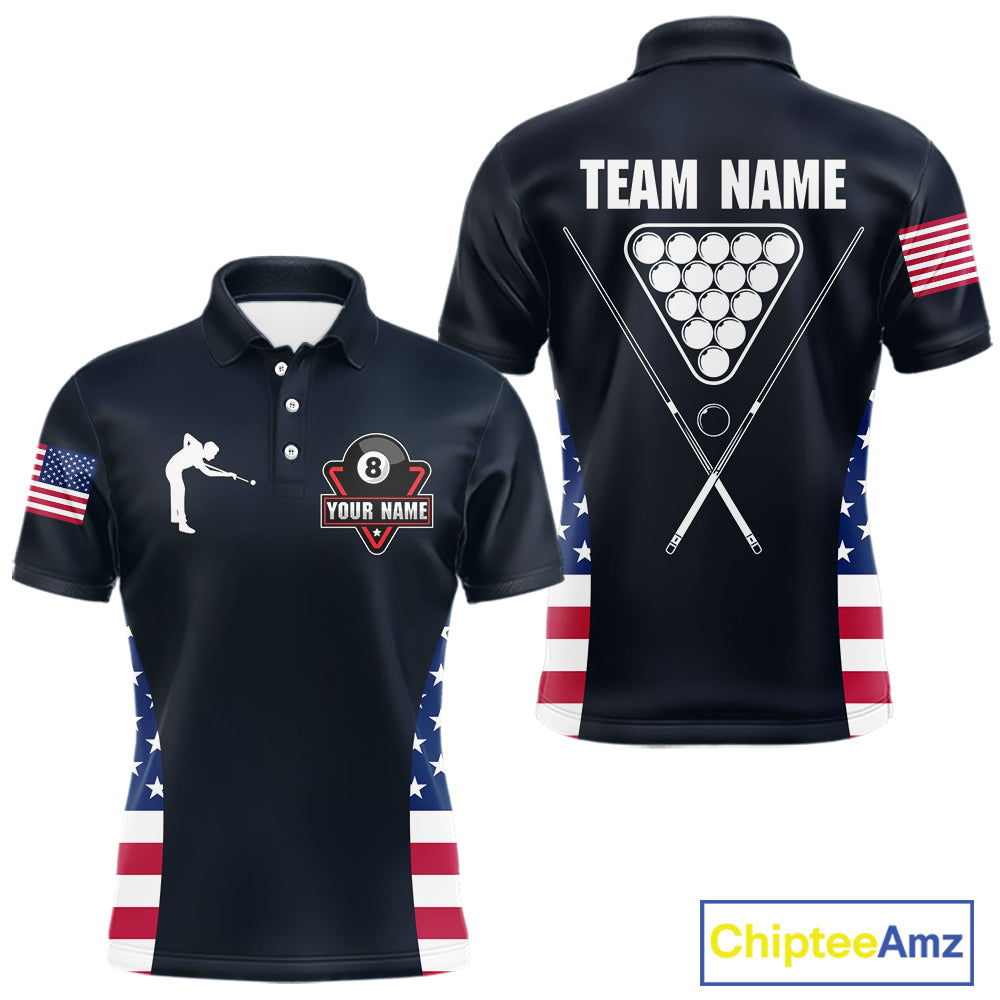 Custom US Flag 8 Ball Pool Billiard Shirt For Men, Billiard Team Jersey Polo & 1/4 Zip |Navy Blue TDM5478