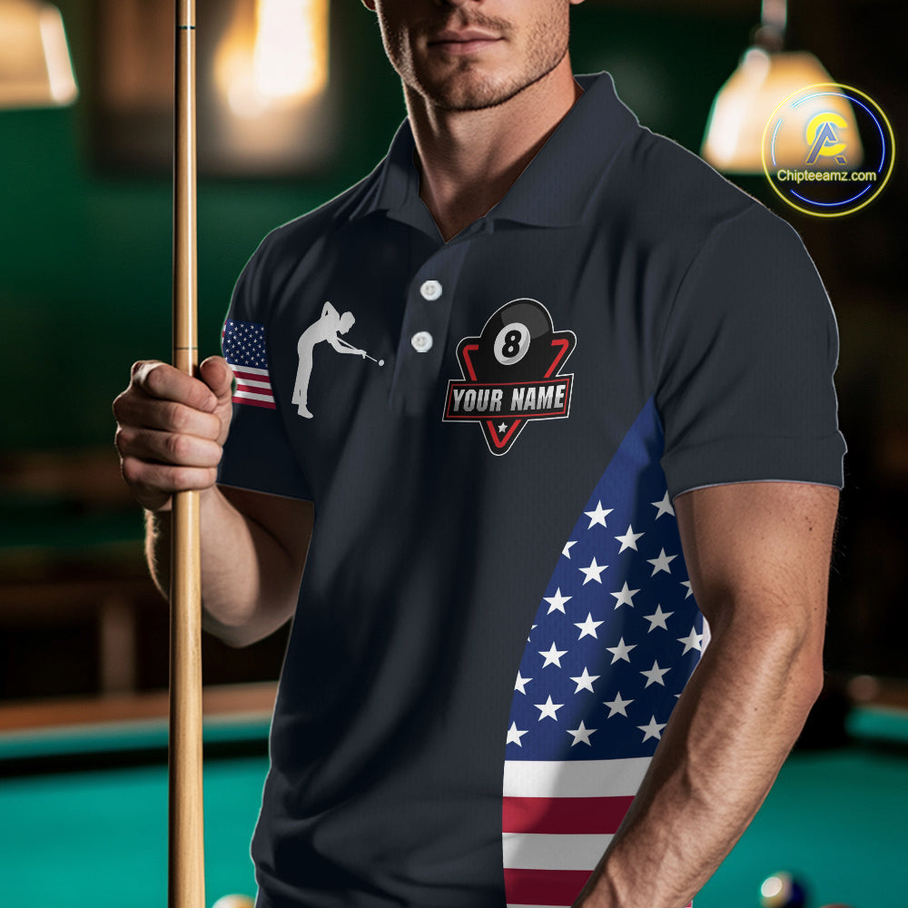 Custom US Flag 8 Ball Pool Billiard Shirt For Men, Billiard Team Jersey Polo & 1/4 Zip |Navy Blue TDM5478
