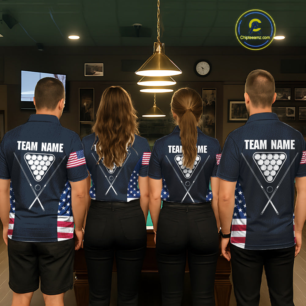 Custom US Flag 8 Ball Pool Billiard Shirt For Women, Billiard Team Jersey Polo & 1/4 Zip |Navy Blue TDM5478